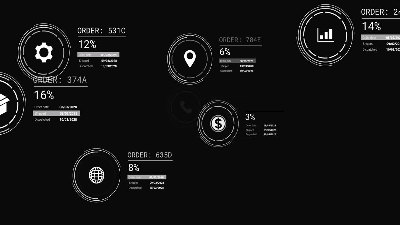 Animation of icons with data processing on black background
