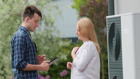 a young engineer advises a client in setting up a heat pump