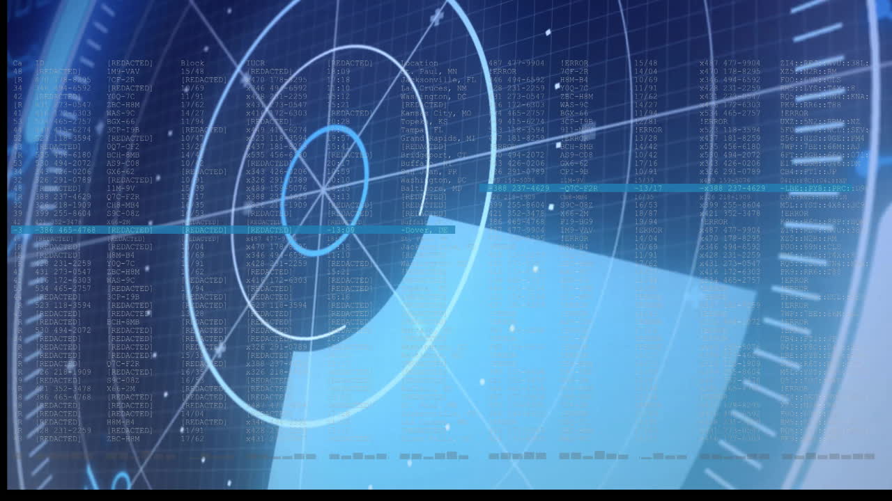 Rotating radar animation over digital data and blue grid background