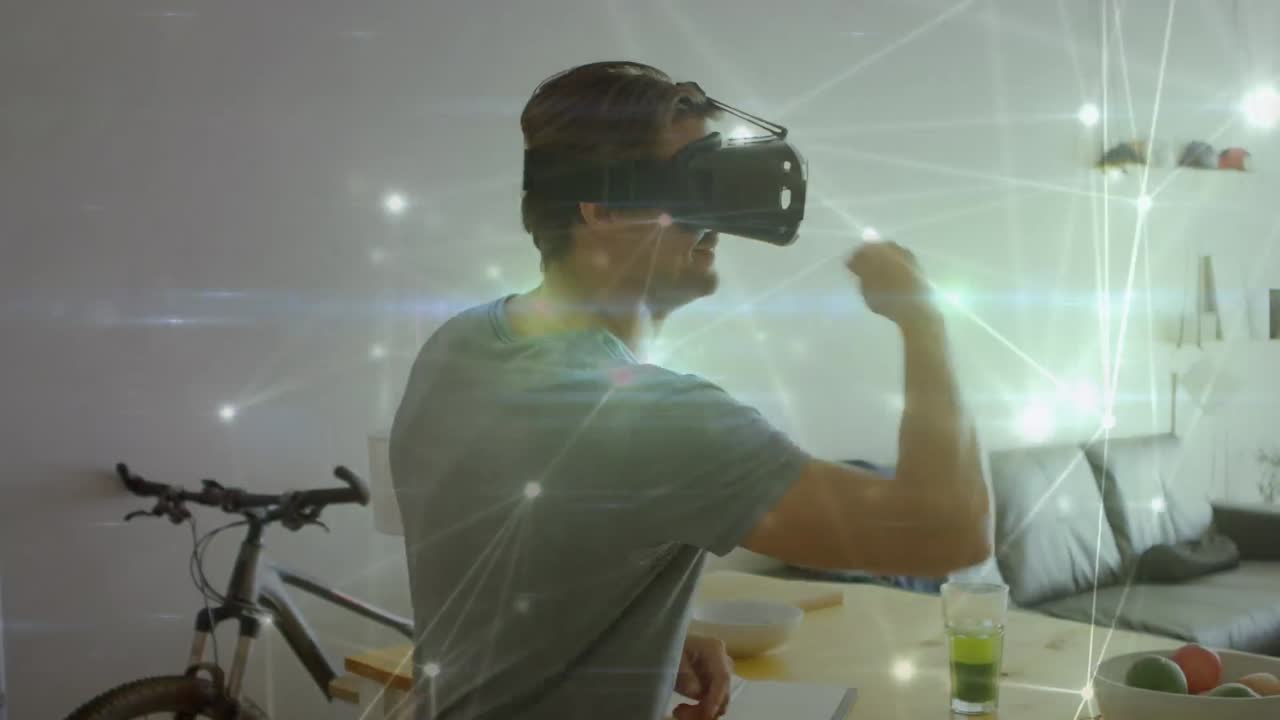 Animazione di rete di connessioni su uomo caucasico che indossa un visore VR