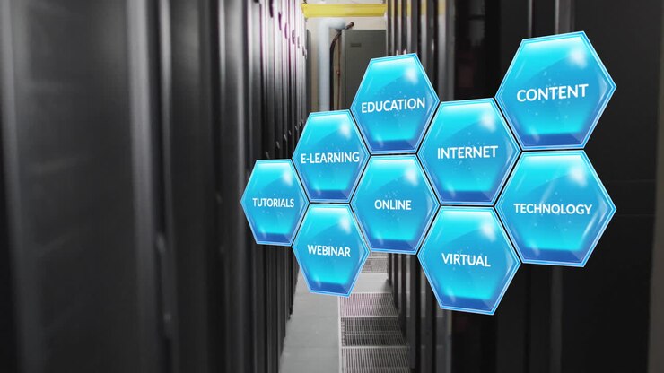 Hexagonal blue icons with educational terms animation over server room background