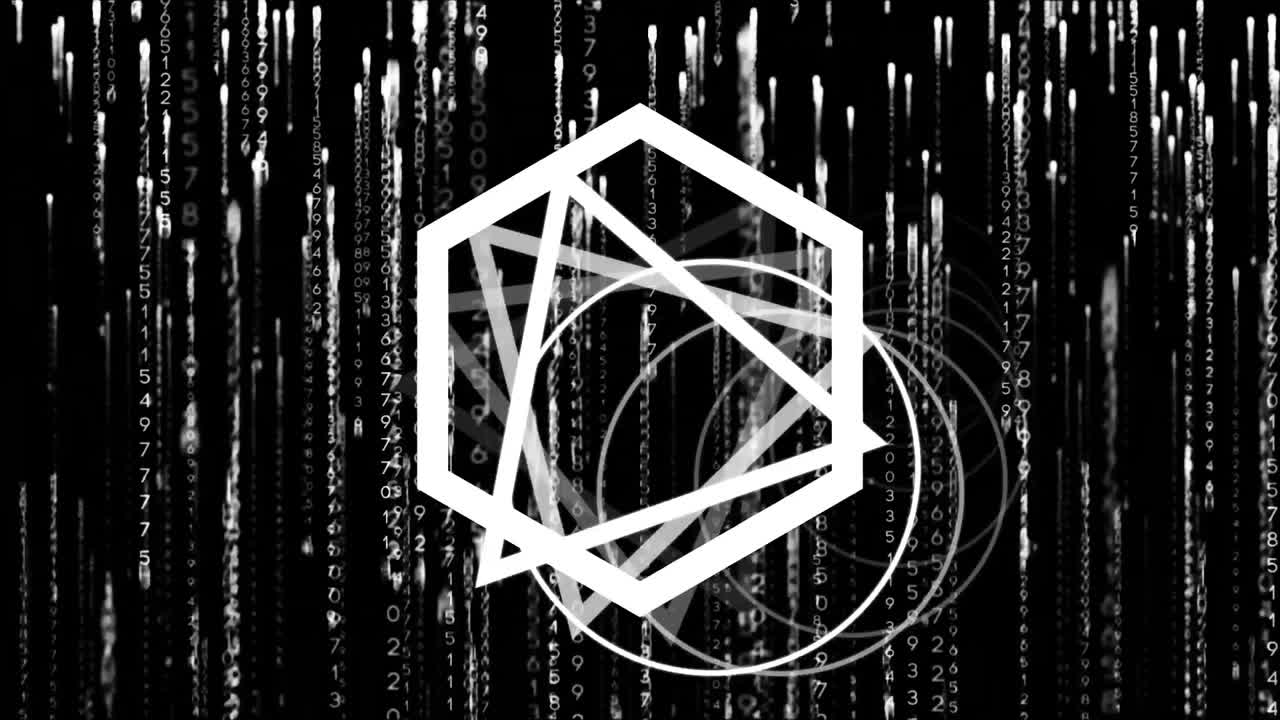 Animation of white circles and triangles spinning over light trails on black background