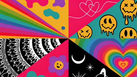 A vibrant and eclectic collage featuring abstract patterns, colorful elements, and playful designs