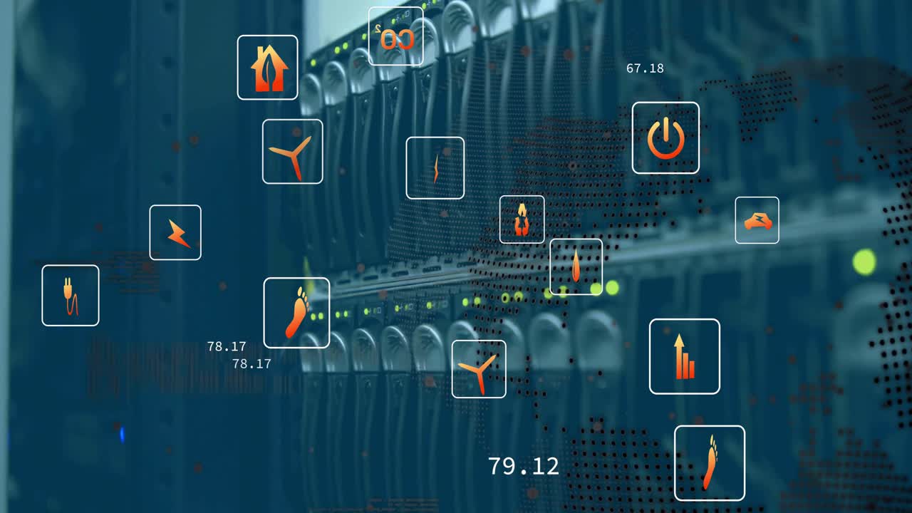 Animation of eco icons and data processing over computer servers