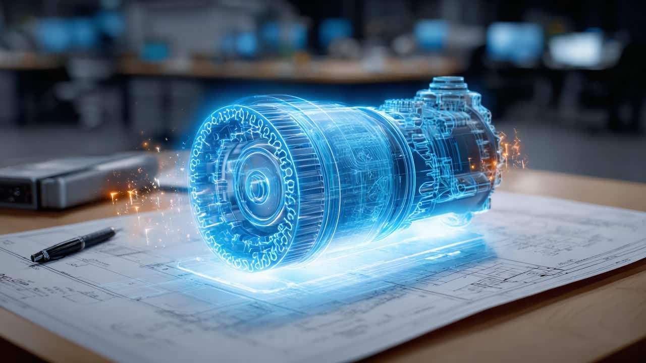 A Visual Representation of an Advanced Engine Model Featuring Futuristic Holographic Technology Displayed Over Engineering Blueprints in a Modern Workspace