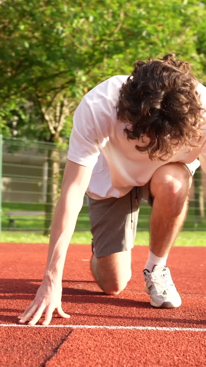 Man preparing to run on track