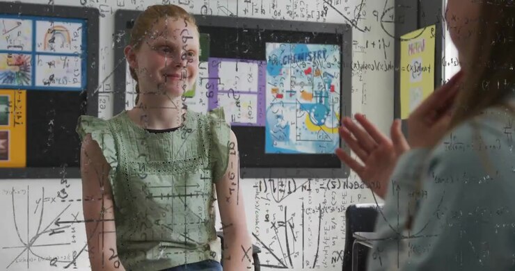 Vertical video: Peer raising hands across clear classroom board, girl listening and learning math