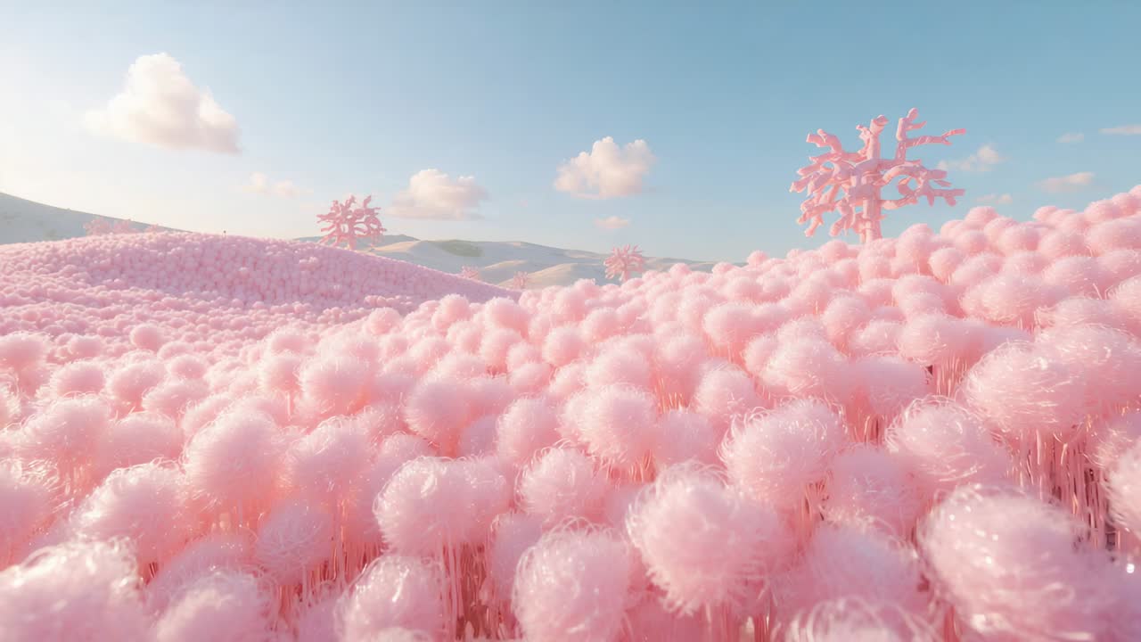 Avvio della riproduzione, la camera si sposta in avanti abbassandosi attraverso il prato, rivelando dettagli rosa