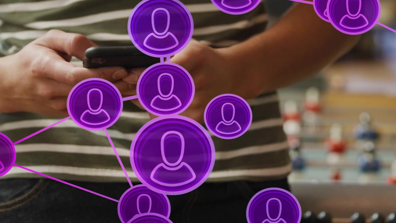 Man holding and tapping phone, purple tech nodes expanding and clustering, obscuring hands