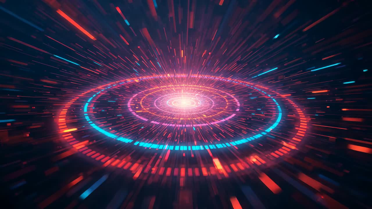 Forming central glowing orb, segmented rings rotating in void, energy streaks radiating outward