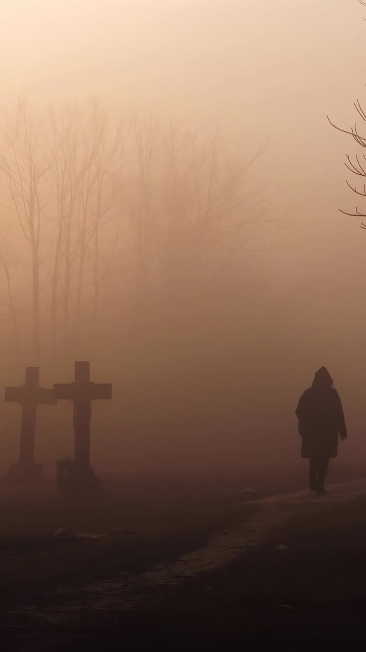 Video verticale: Figura incappucciata che cammina e si addentra nella nebbia all'alba lungo un sentiero, si sposta a sinistra, con spazio per il testo.