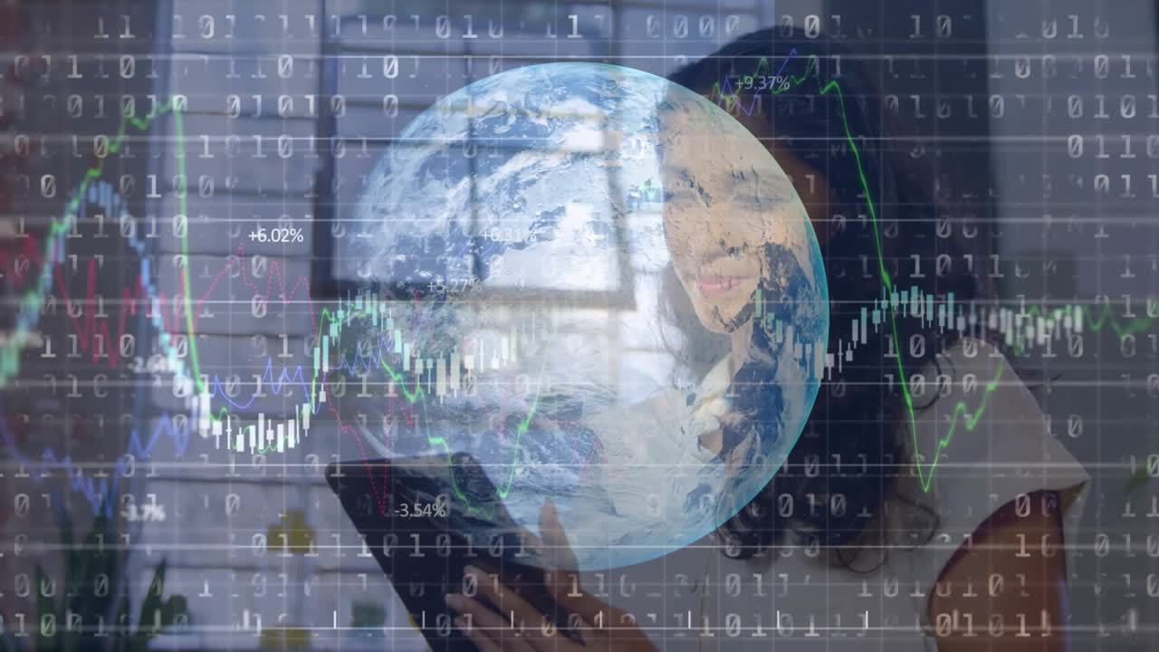 Man picking up tablet starting binary data while animating hologram globe and updating analytics