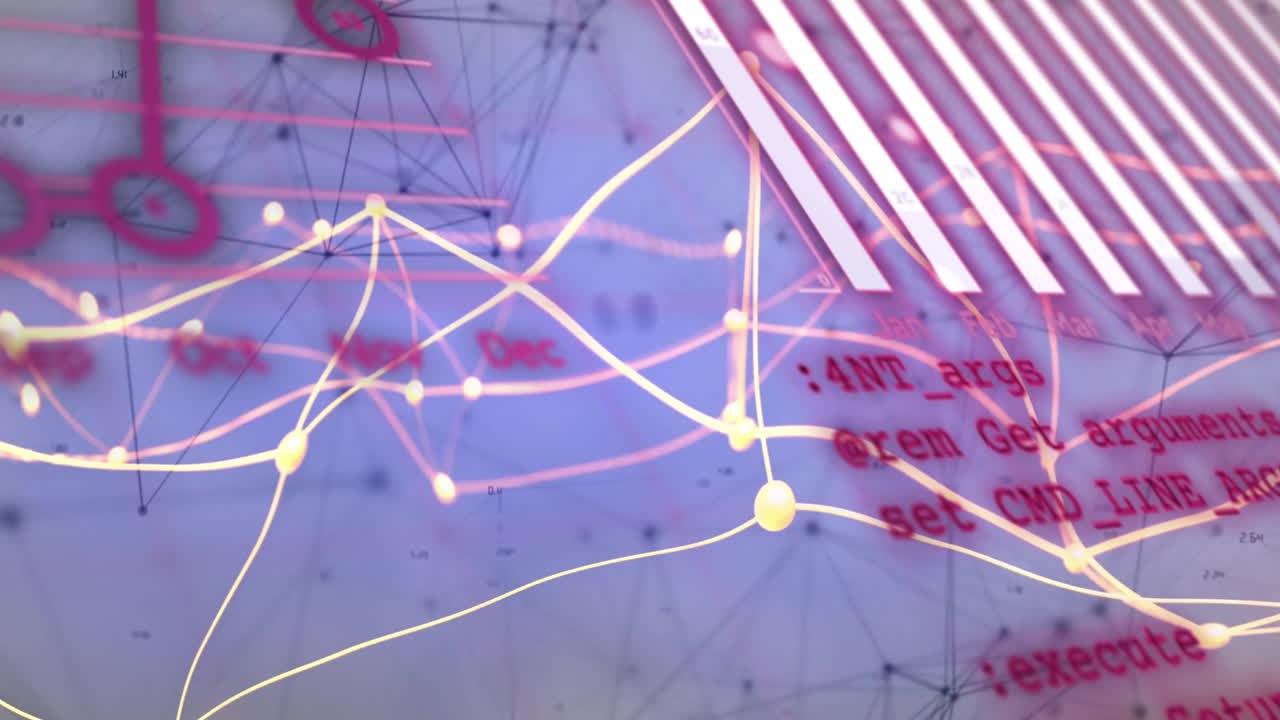 네트워크 연결과 데이터 처리를 그래프로 추상적인 배경에서 애니메이션화합니다.