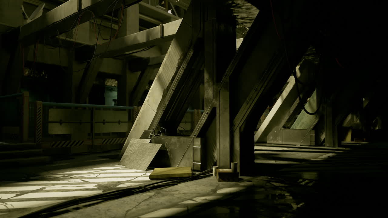 Dark industrial space with intricate structures and shadows in urban setting