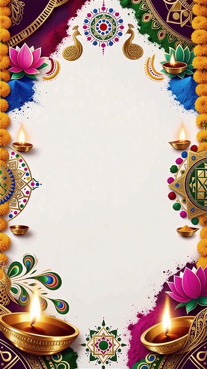 Sfondo Diwali con Diyas luminosi, Rangoli e fiori di loto