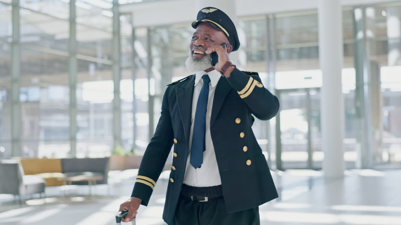 Airport, pilot man and phone call on walk