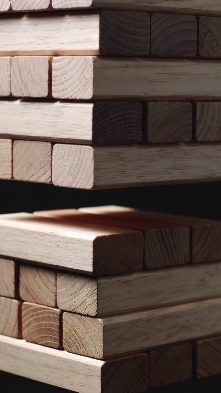 Sliding right hand nudging middle block from wood block tower on table, placing block atop tower