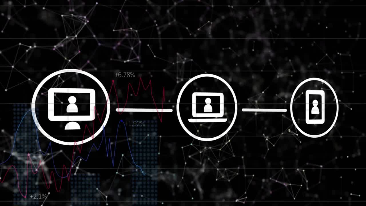 animación de iconos de teléfonos, portátiles y computadoras que forman un diagrama de flujo sobre gráficos y puntos conectados