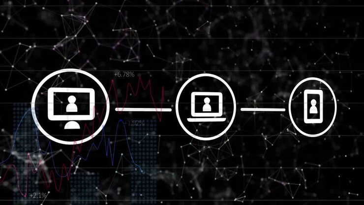 Animation of phone, laptop, computer icons forming flowchart over graphs and connected dots