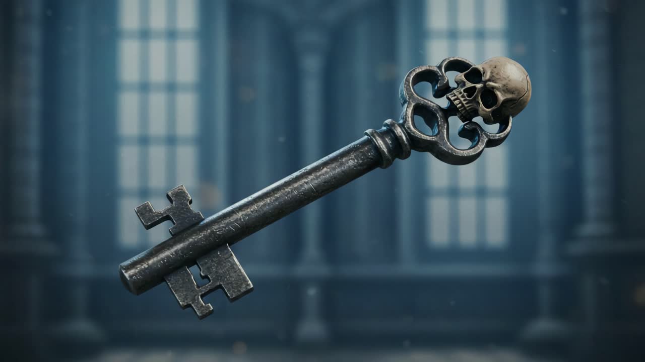 A Mysterious, Ornate Key Featuring a Skull Design, Suspended in a Dimly Lit, Gothic Environment, Evoking Intrigue and Secrets Waiting to be Unlocked