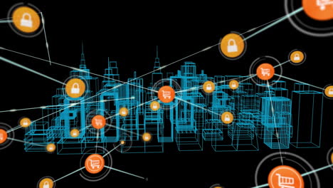 animation of network connections with online shopping security icons