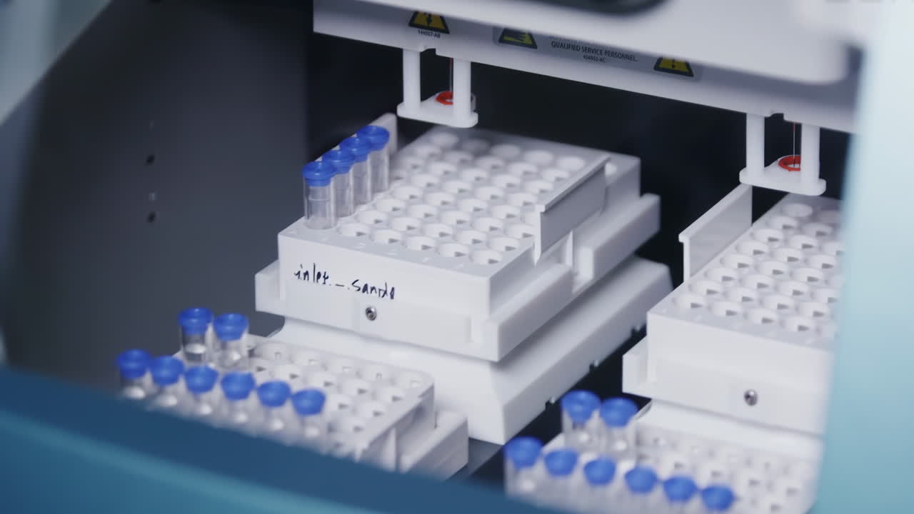 Scientist in a Modern Medical Biological microbiology lab Research. Bioengineer in White Coat Handling Test Tubes, Putting Them Inside Advanced Machine for Analysis in cleanroom environmental facility