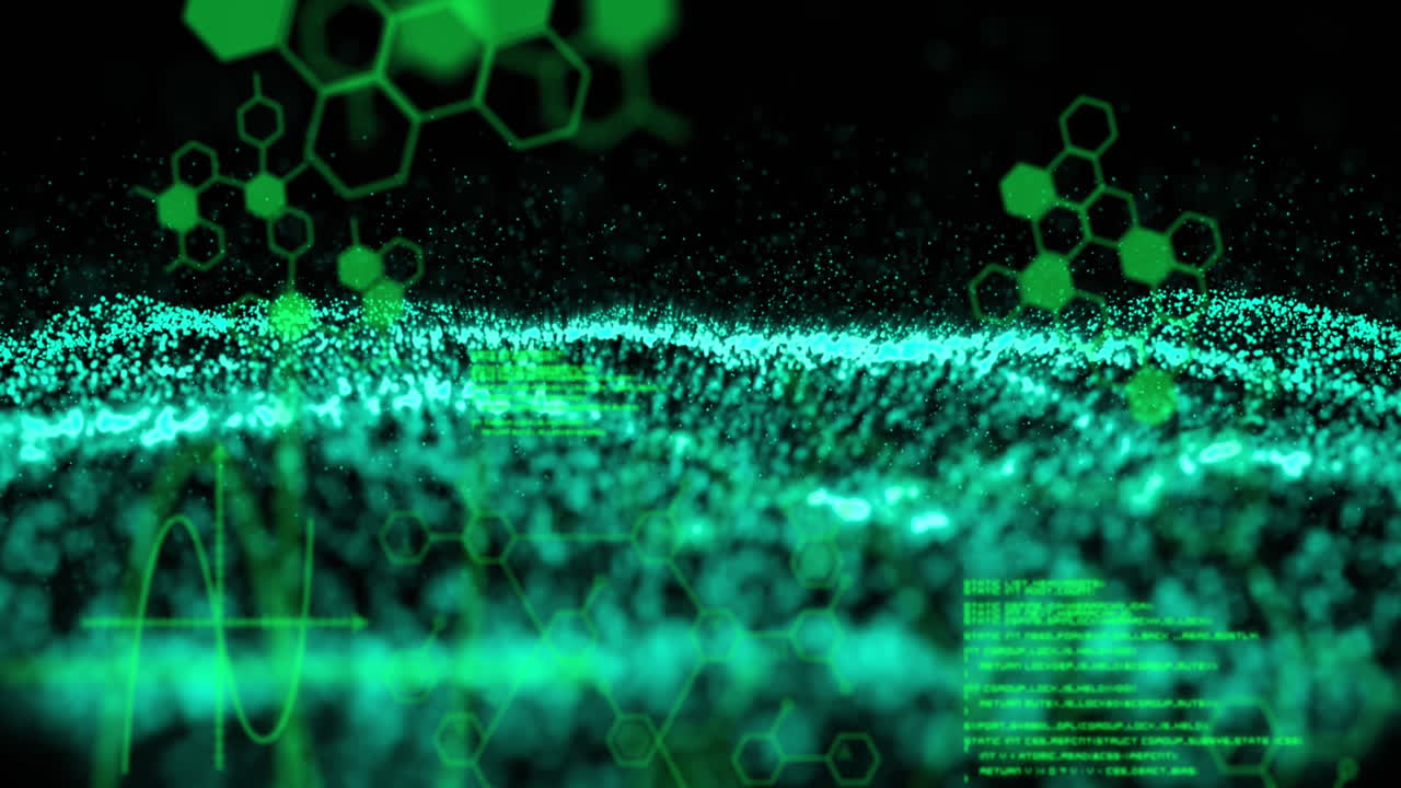 검은 바탕에 녹색 mesh로 화학 구조의 애니메이션