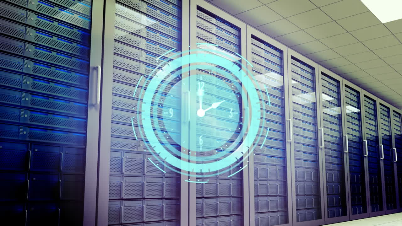 Animation of moving clock over server room