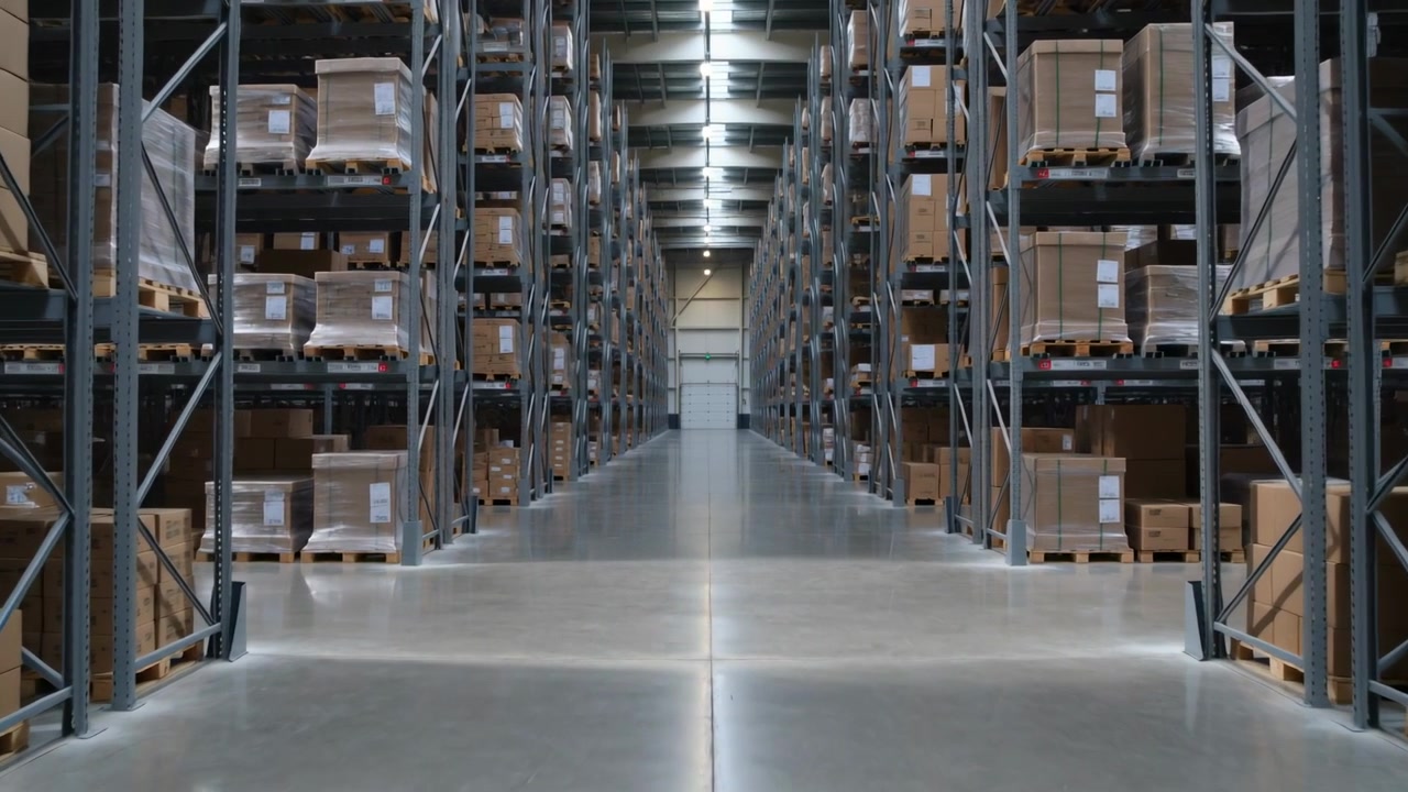 Inquadratura lungo il corridoio centrale, telecamera che scorre in avanti verso una porta avvolgibile, scaffalature per pallet, pavimento riflettente.
