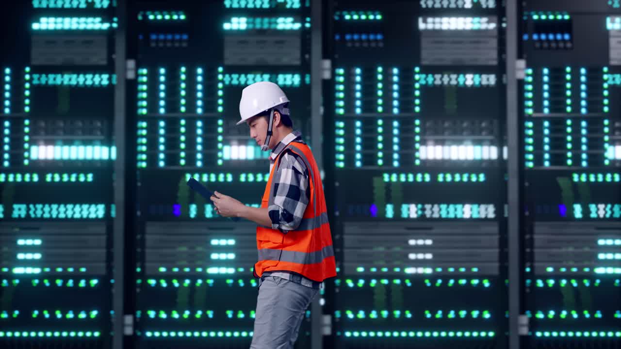 Side View of Asian Male Engineer Use Tablet While Walking in Server Room Data Center