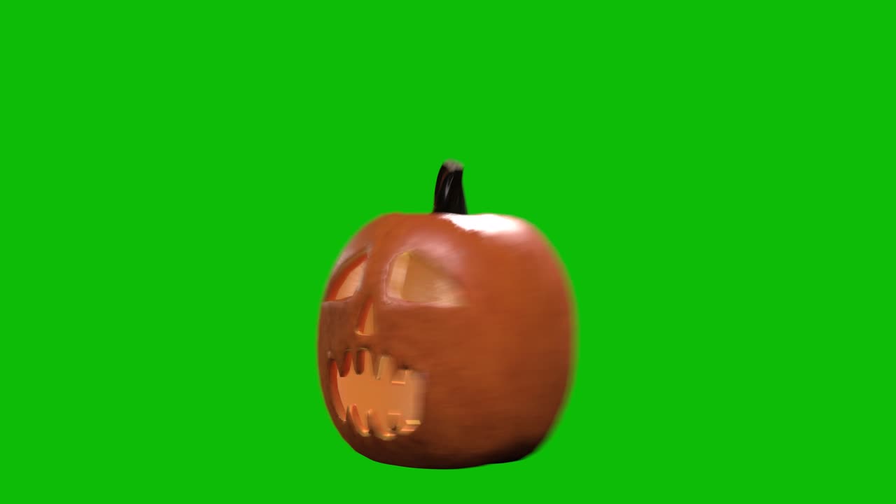 3D animation of a glowing jack-o'-lantern pumpkin 12 with candlelight inside, spinning, scaling up and down on a green screen. Perfect for Halloween intros, spooky videos, and holiday promos
