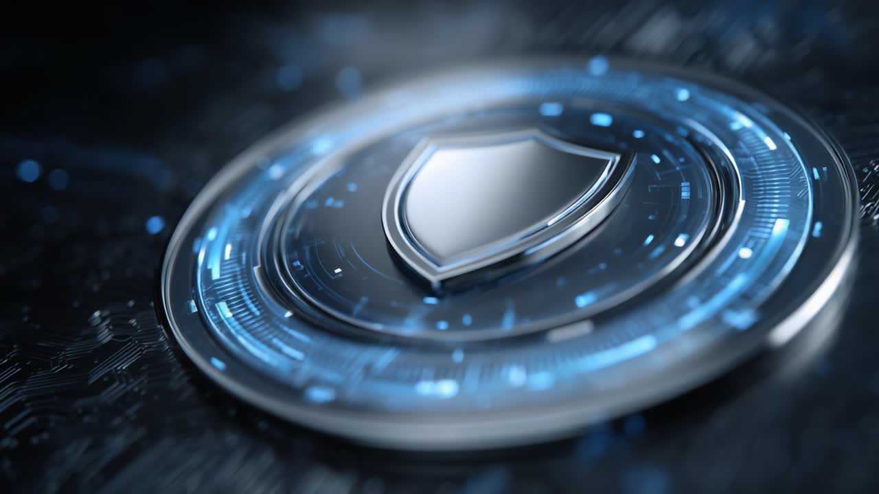 A Digital Shield with Futuristic Elements: Emphasizing Protection and Cybersecurity in a Technology-Driven Environment with Brilliant Blue Highlights and Glossy Finish