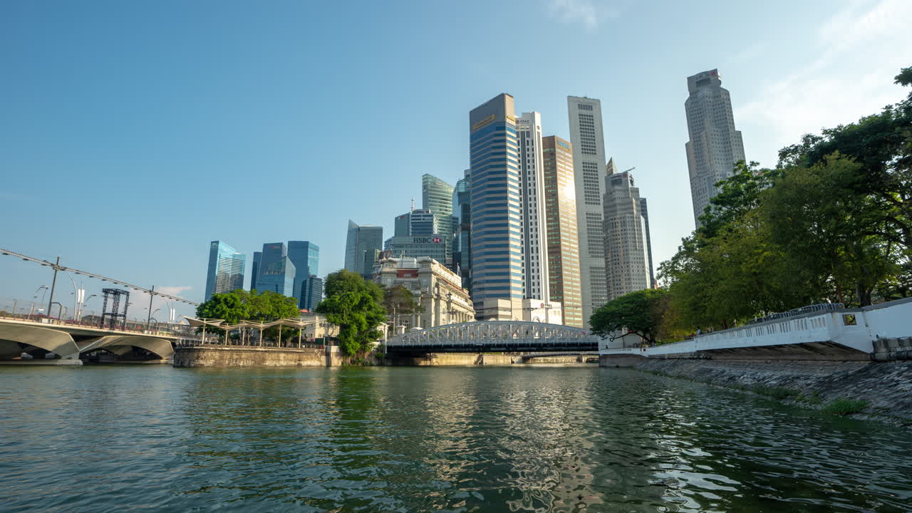 Timelapse of Skyscrapers of Singapore From Chicago Canal on Sunny Summer Day