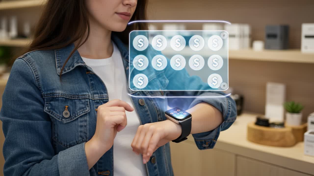 A woman interacts with a smartwatch in a store, displaying digital features that indicate financial transactions and notifications, showcasing modern technology and lifestyle