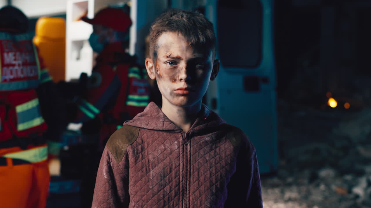 부상당한 소년이 구급대원들에 의해 치료되고 있습니다.