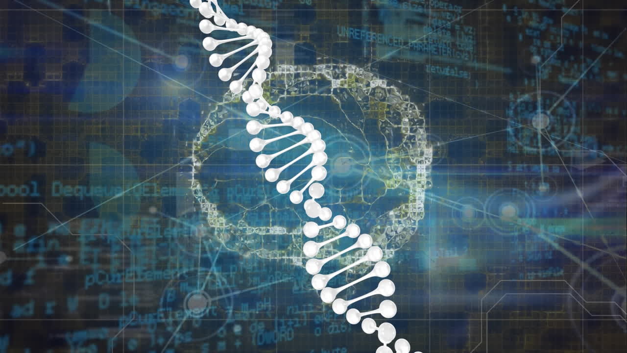 Animation of dna structure, human brain icon and network of connections against data processing