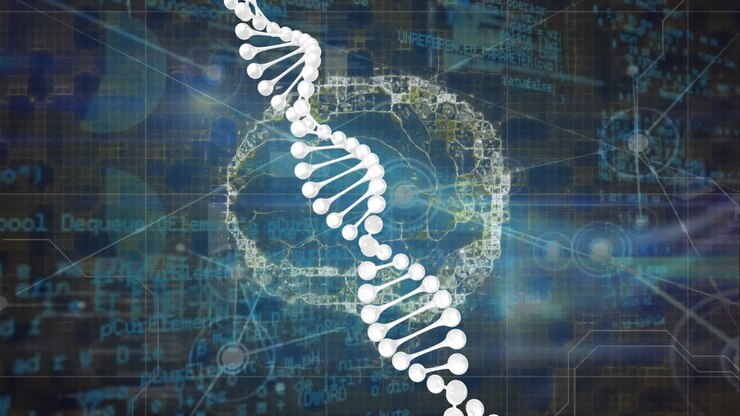 Animation of dna structure, human brain icon and network of connections against data processing