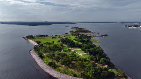 an aerial view of the tranquil and secluded beauty of hart island in the long island sound on a cloudy day