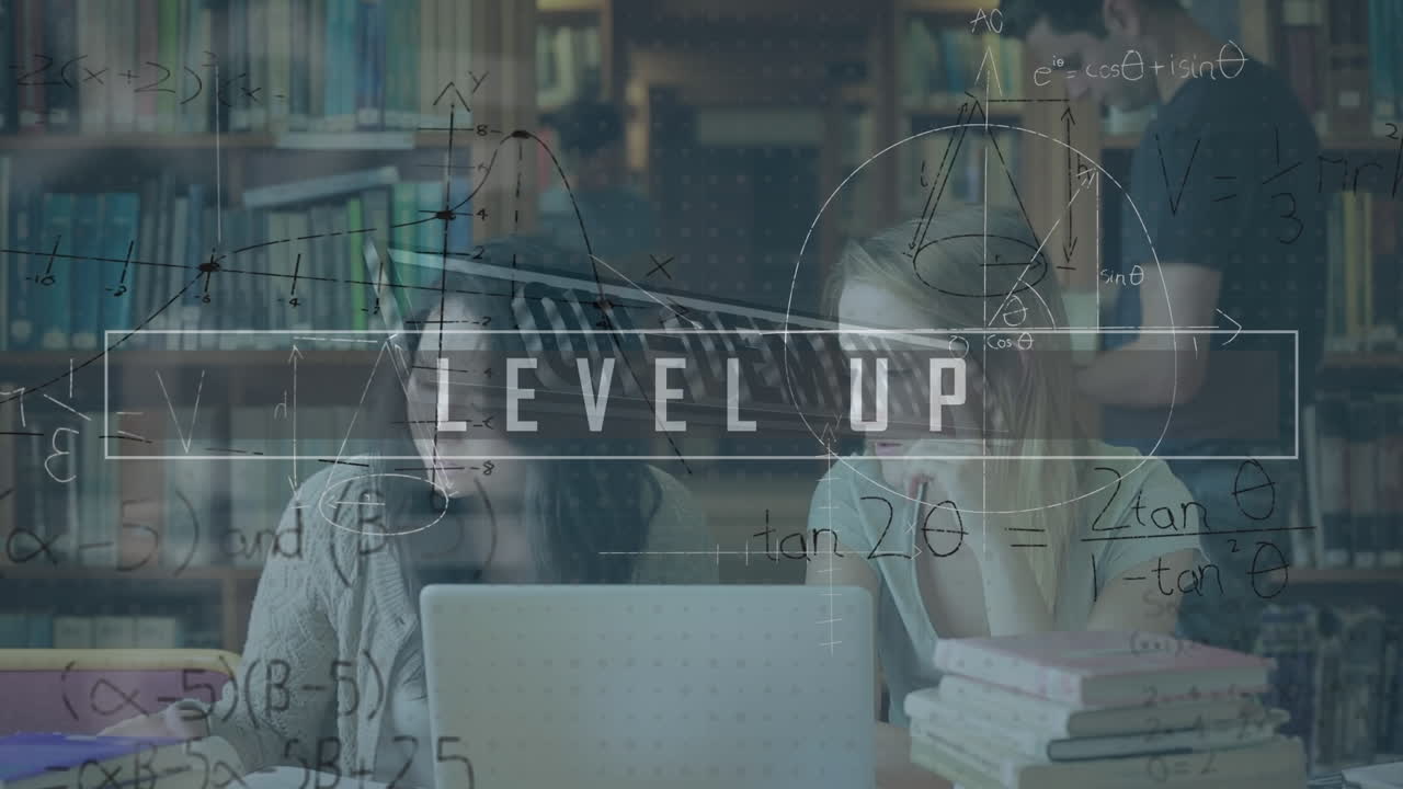 수학적 기호의 애니메이션, 요구에 따라 도서관에서 공부하는 학생들에 대한 텍스트를 레벨 업합니다.