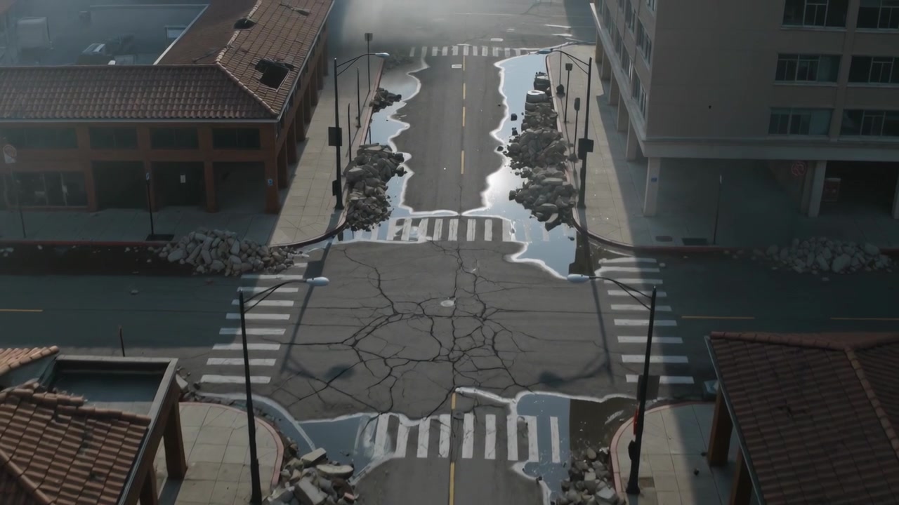 Descending drone moving closer over cracked crossing in downtown, rubble and puddles showing damage