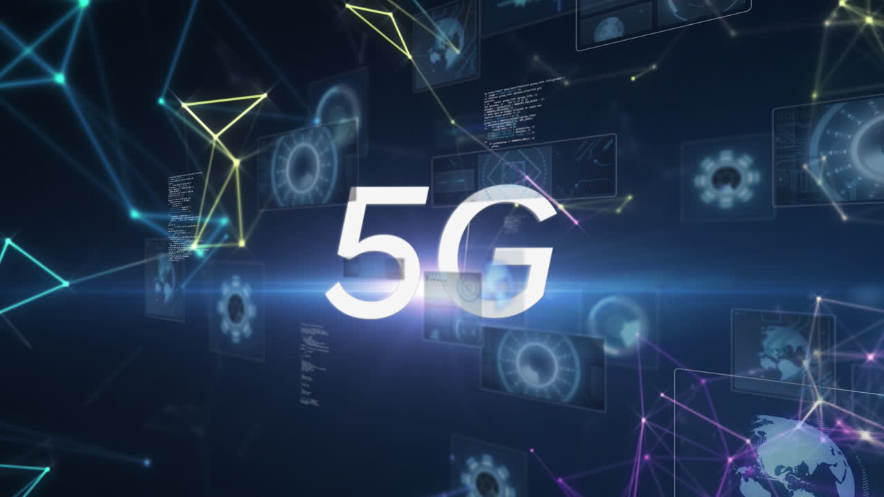 animazione di testo 5g su scansioni e elaborazione dei dati sugli schermi