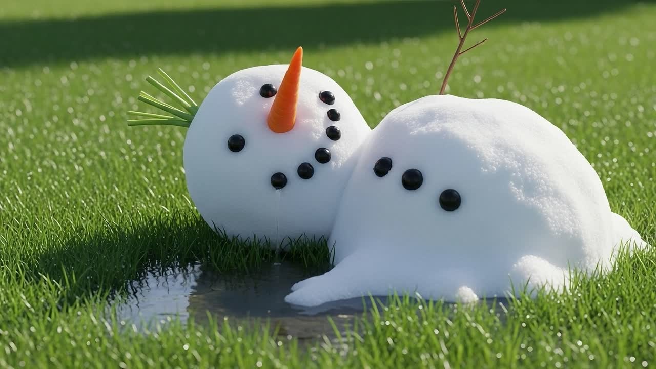 A whimsical depiction of two snowmen lying on lush green grass, showcasing a playful contrast between winter-themed figures and the early signs of spring around them