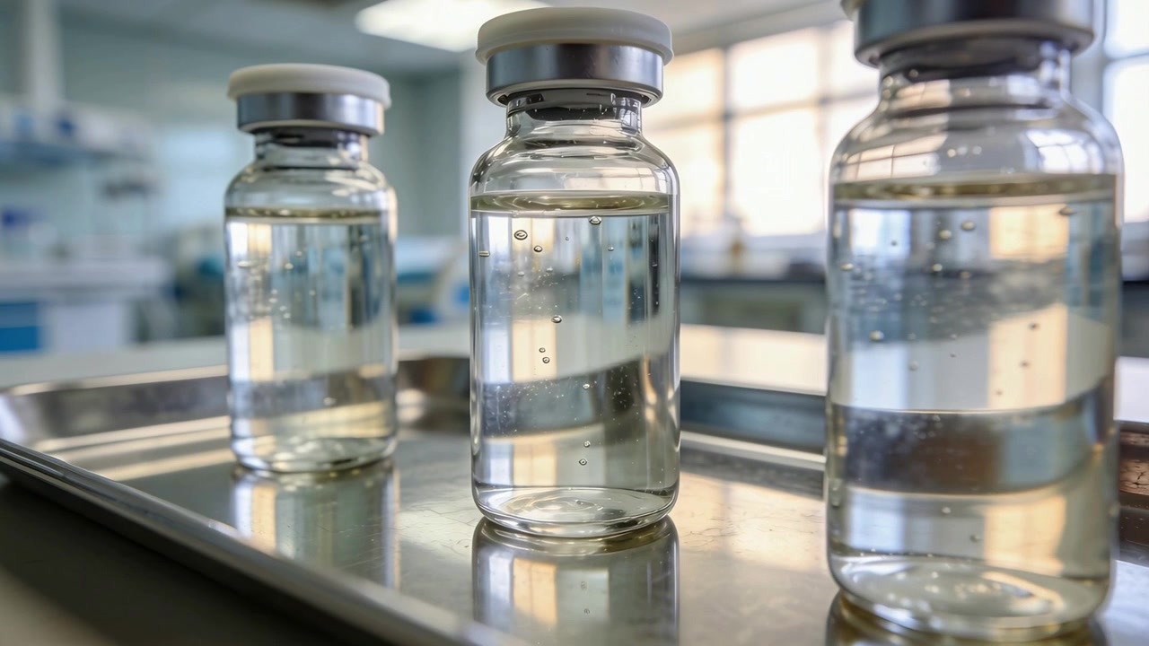 Moving camera forward, framing 3 sealed glass vials on steel tray in lab, showing droplets