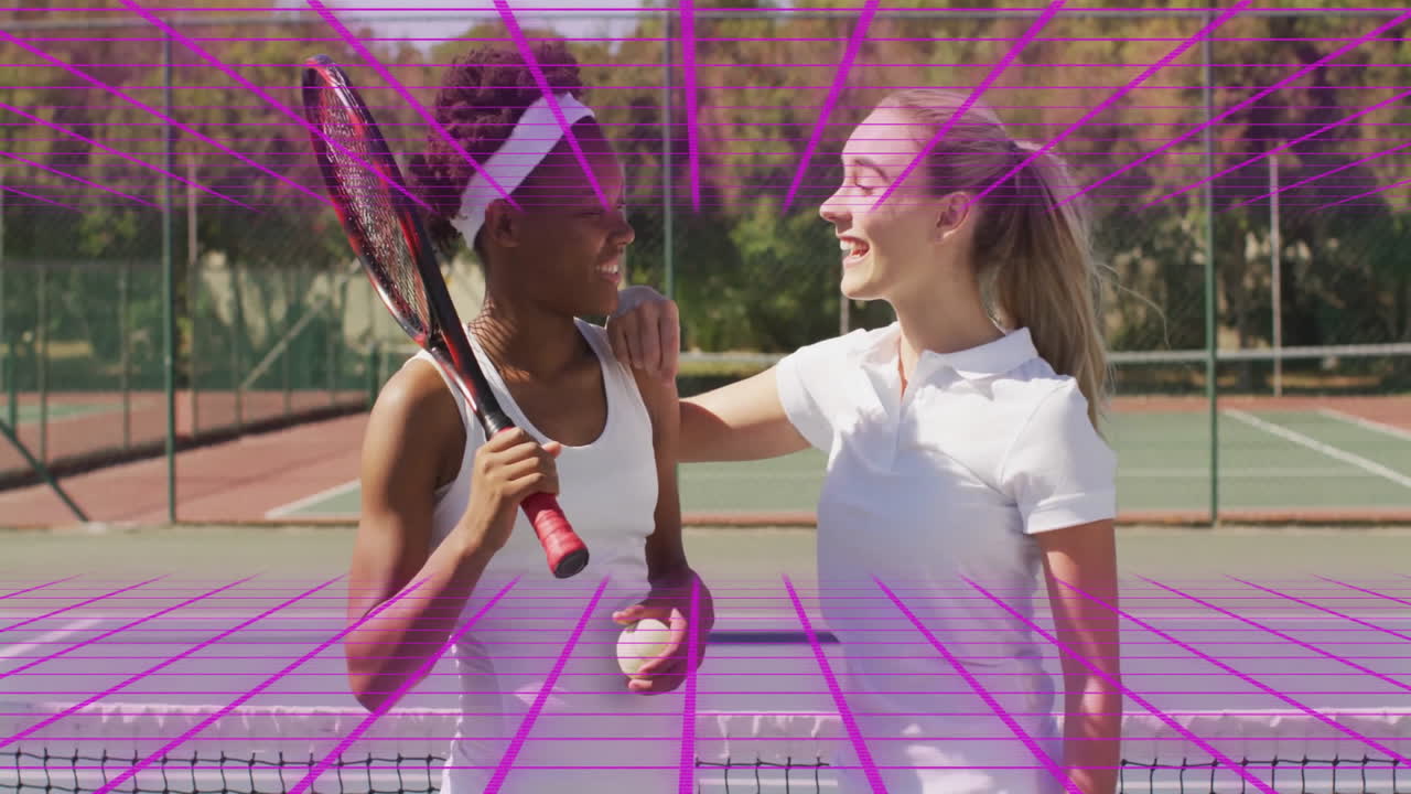 Two tennis players smiling on court with purple grid animation overlay