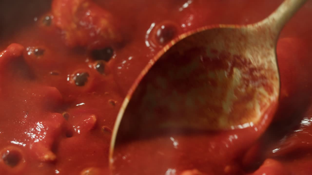 Chicken in tomato sauce is boiling on a frying pan with spices. Cooking tomato sauce curry with chicken fillet. Traditional Italian Mexican Asian dish. High quality studio shot for cafe, restaurant close up.