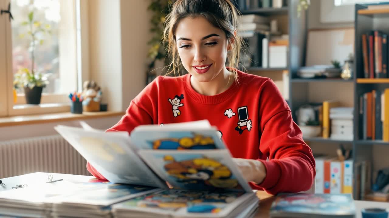 Un'artista donna sorridente mentre legge una graphic novel, con uno spazio di lavoro pieno di schizzi colorati e illustrazioni creative.