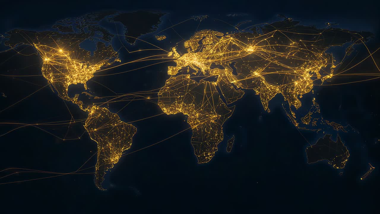 Lighting rising animating flat world map, pulsing gold nodes and streaming arcs for data flow