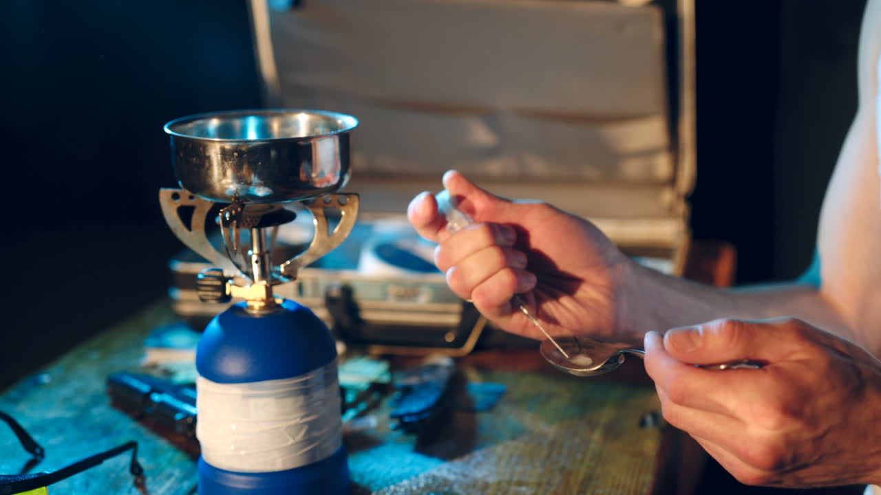 Male Junkie hand preparing heroin dose by using spoon and cigarette lighter for melting, Syringe for injection. Hard drug overdose and addiction concept
