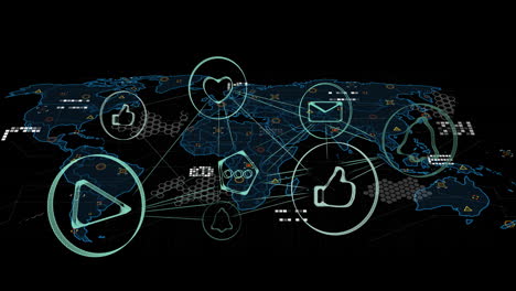 animation of financial data processing over world map on dark background