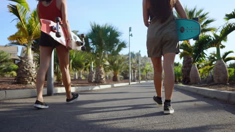 In-the-company-of-palm-trees,-friends-journey-to-the-park,-carrying-skateboards,-immersed-in-unhurried-conversation,-laughter,-and-genuine-smiles,-all-in-slow-motion-as-the-sunset-envelops-them